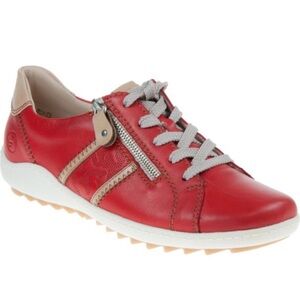 Remonte Ladies red soft comfortable shoes with laces and side zipper.
